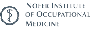 Project partner logo. A blue circle with gear-like external edges, with Aesculapian snake inside. Next to it is the blue inscription Nofer Institute of Occupational Medicine.