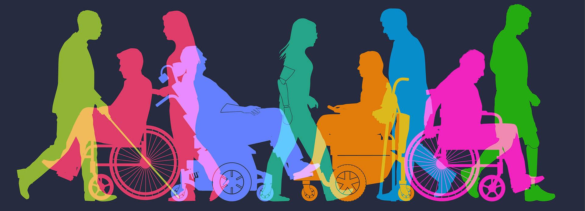 Graphic depicting 9 intermingling figures, in different colours, each associated with different disabilities. A light green figure of a blind person with a cane, a pink man in a wheelchair being led by a woman, a blue elderly person in an autonomous chair, a celadon woman with a prosthetic arm, an orange person in an automatic wheelchair, a blue man with crutches, a purple man in an autonomous wheelchair, and a green man with a prosthetic leg.