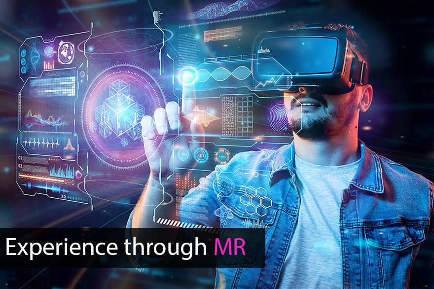 A futuristic vision of a man wearing VR glasses, operating the interface in virtual reality, the dominant color of the graphics is blue. The graphic is entitlet 'Experience through MR'. 